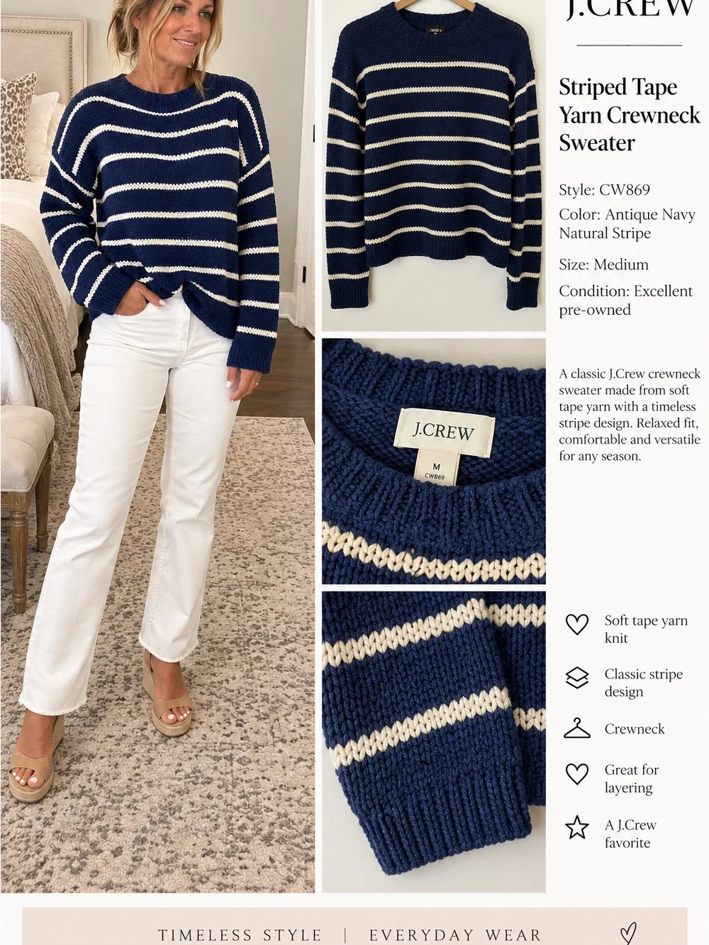 J. Crew Navy and Natural Striped Tape Yarn Crewneck Sweater